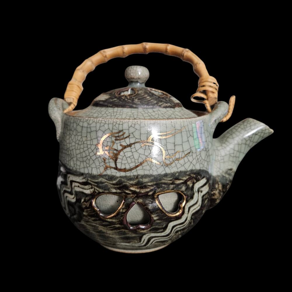 Vintage Japanese Studio Pottery Heart Pierced Teapot Bamboo Handle Crackle Glaze